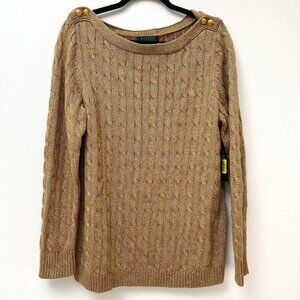 NWT Lauren Ralph Lauren Gold Metallic Cable Knit Sweater Holiday Gold Buttons 1X